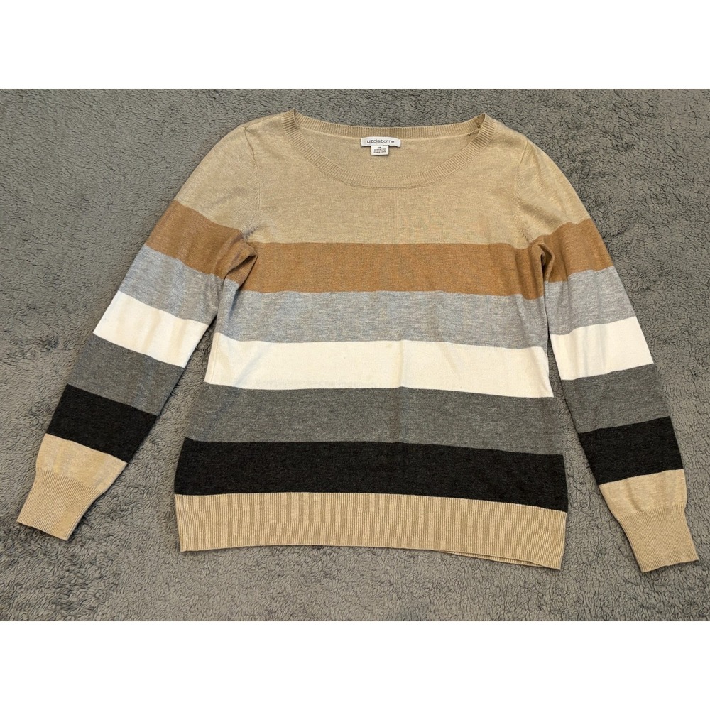 Liz Claiborne Sweater Womens Medium Beige Striped Knit Boatneck Long Sleeve